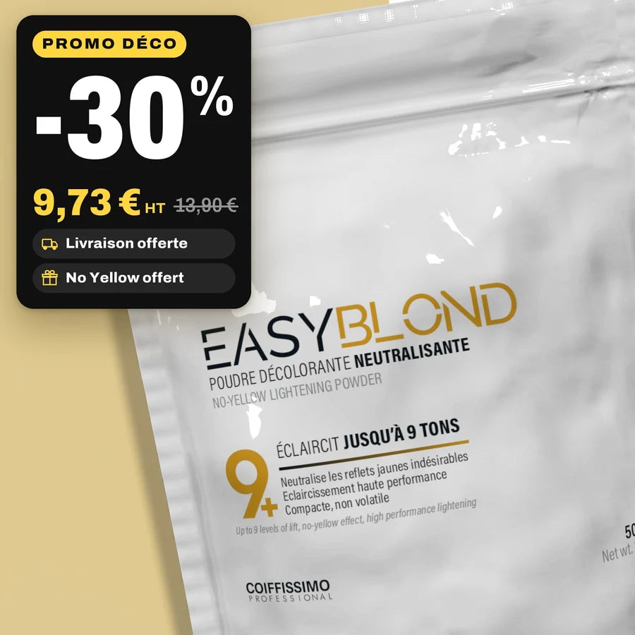White packaging for EasyBlond neutralizing lightening powder on a beige background.