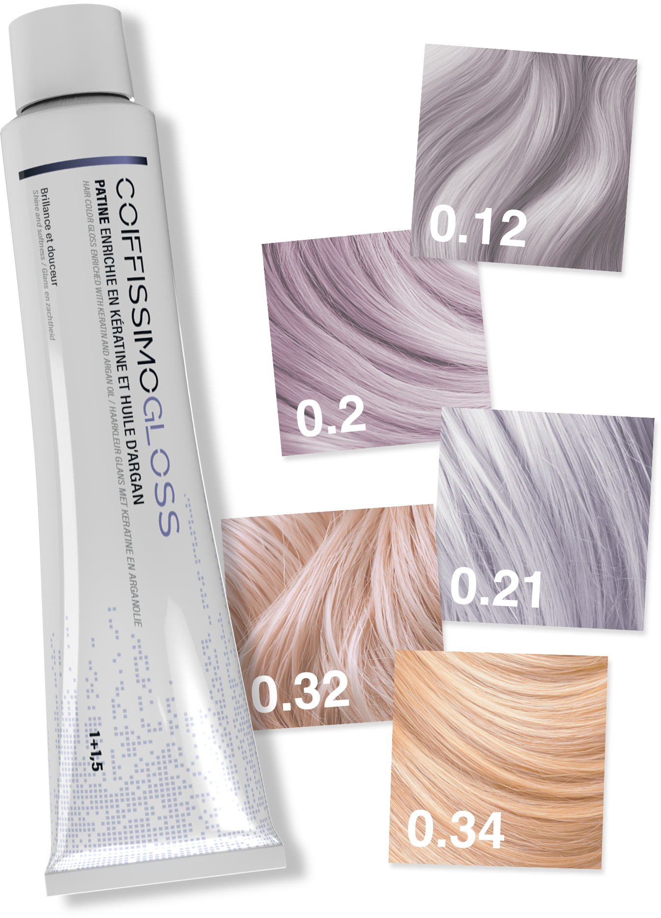 Tubes de patine Coiffissimo Gloss avec échantillons de nuances pour fonds d'éclaircissement